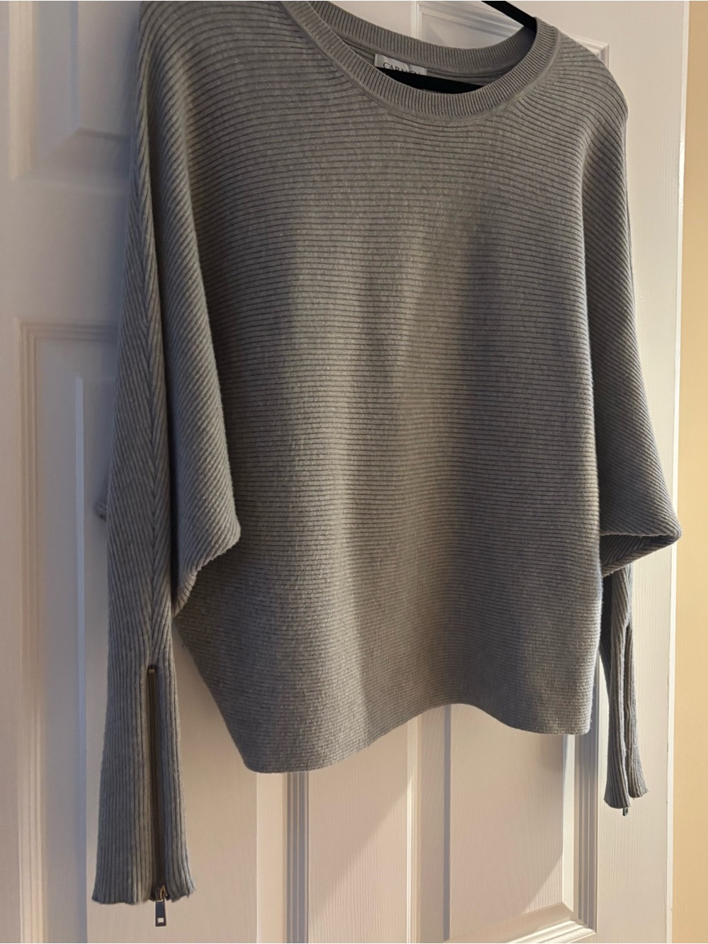 Light Gray Ribbed Crewneck Sweater with Sleeve Zippers